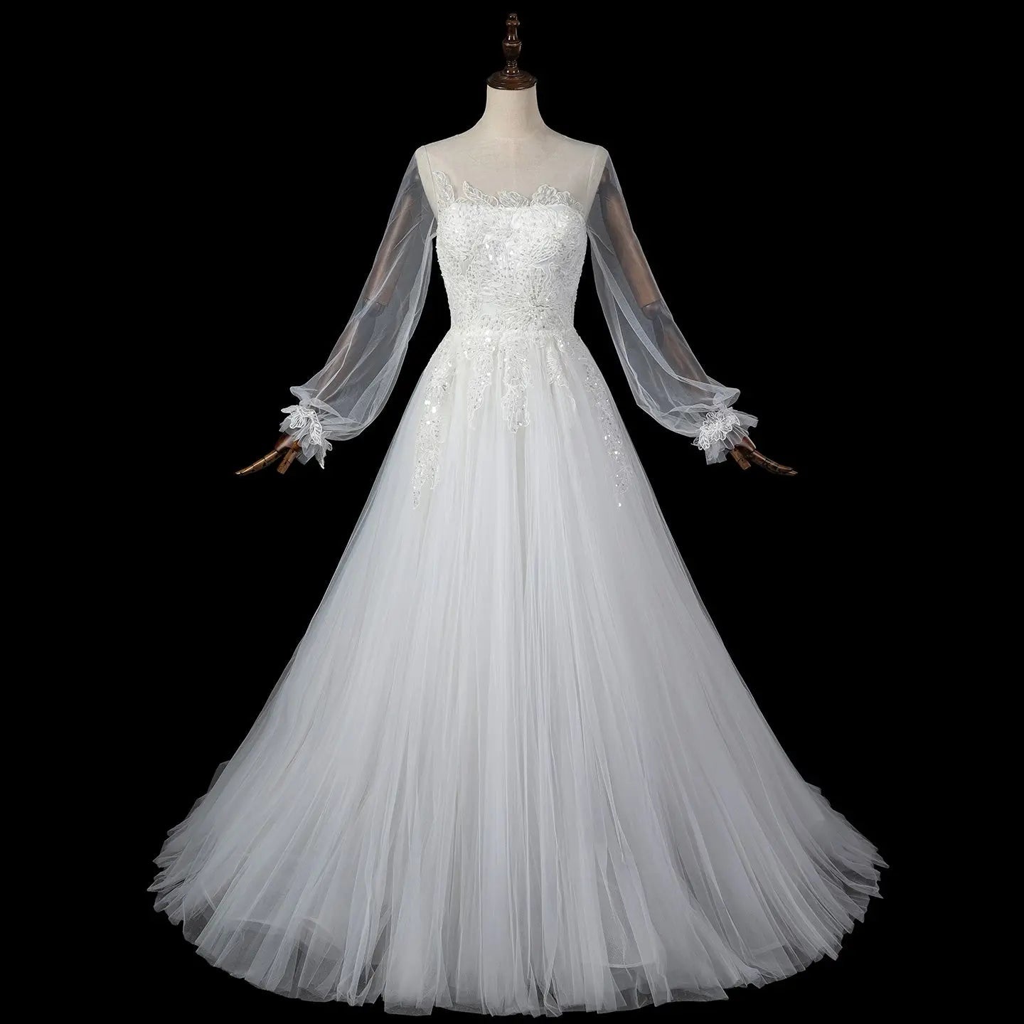 Elegant White Long Sheer Sleeve A-Line Tulle Wedding Dress with Lace Appliqués ZP057