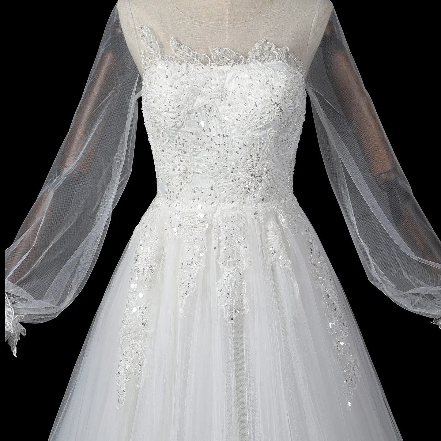 Elegant White Long Sheer Sleeve A-Line Tulle Wedding Dress with Lace Appliqués ZP057