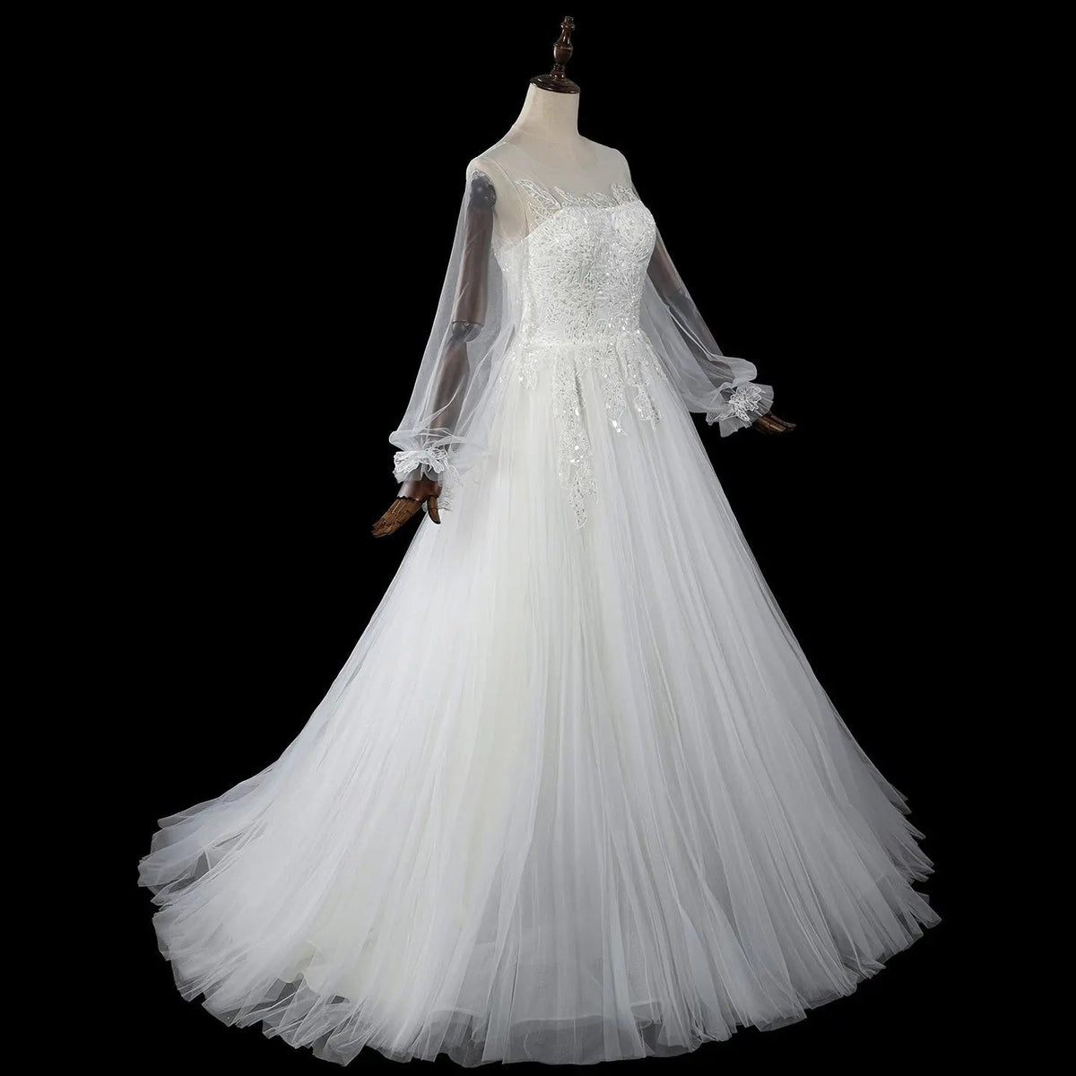 Elegant White Long Sheer Sleeve A-Line Tulle Wedding Dress with Lace Appliqués ZP057