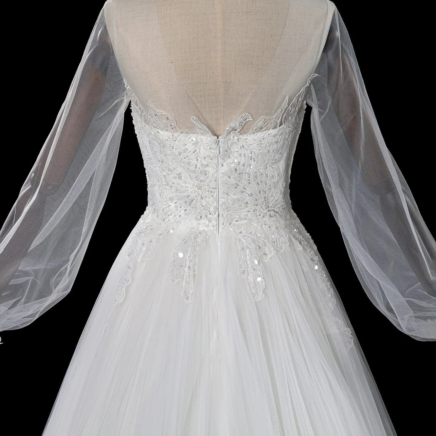 Elegant White Long Sheer Sleeve A-Line Tulle Wedding Dress with Lace Appliqués ZP057
