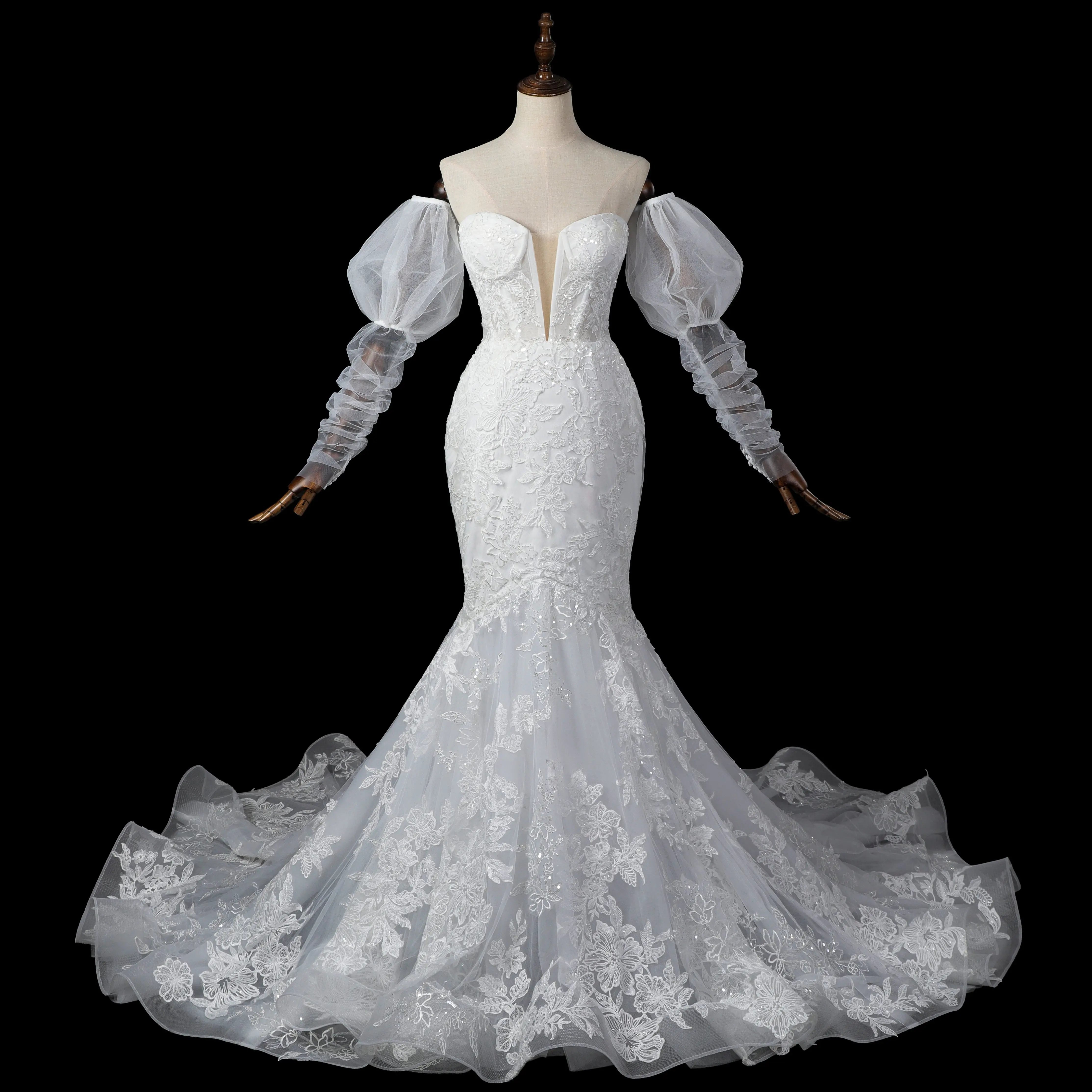 Glamorous White Sweetheart Neckline Mermaid Wedding Dress with Detachable Tulle Sleeves ZP056