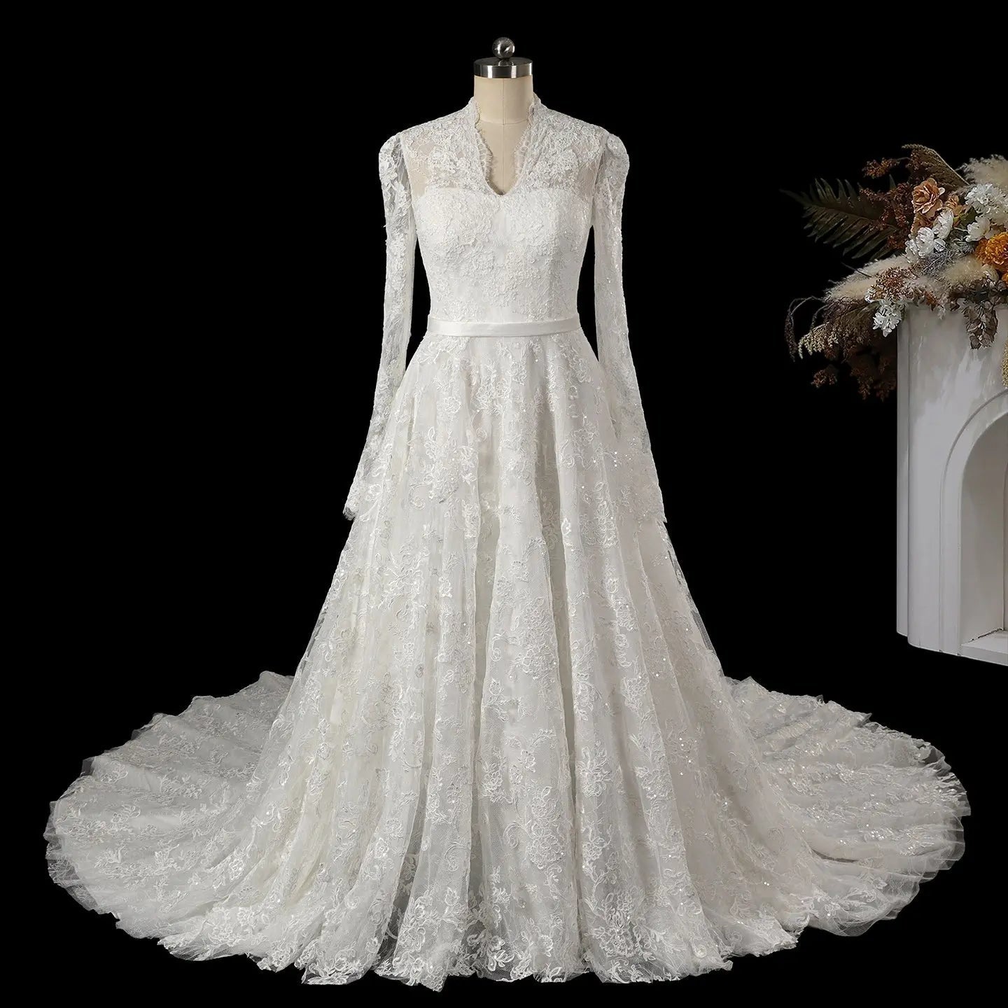 Elegant Printed Lace High Neck Wedding Dress with Train ZP171