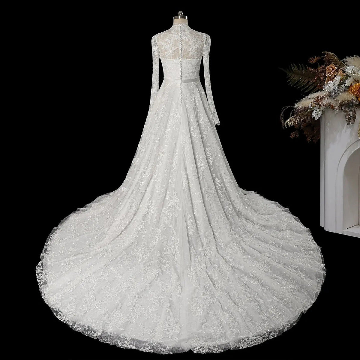 Elegant Printed Lace High Neck Wedding Dress with Train ZP171