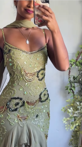Classy Spaghetti Strap Sage Green Chiffon Beaded Mermaid Evening Dress Long Birthday Party Dress With Scarf - View 3 | FashionDia