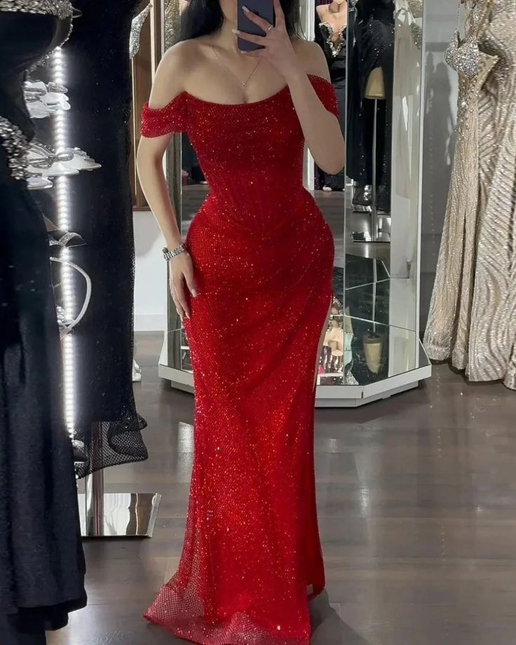 Shiny Off Shoulder Sequins Red Prom Dress Evening Dress With Side Slit Y7805 - VelvetHem