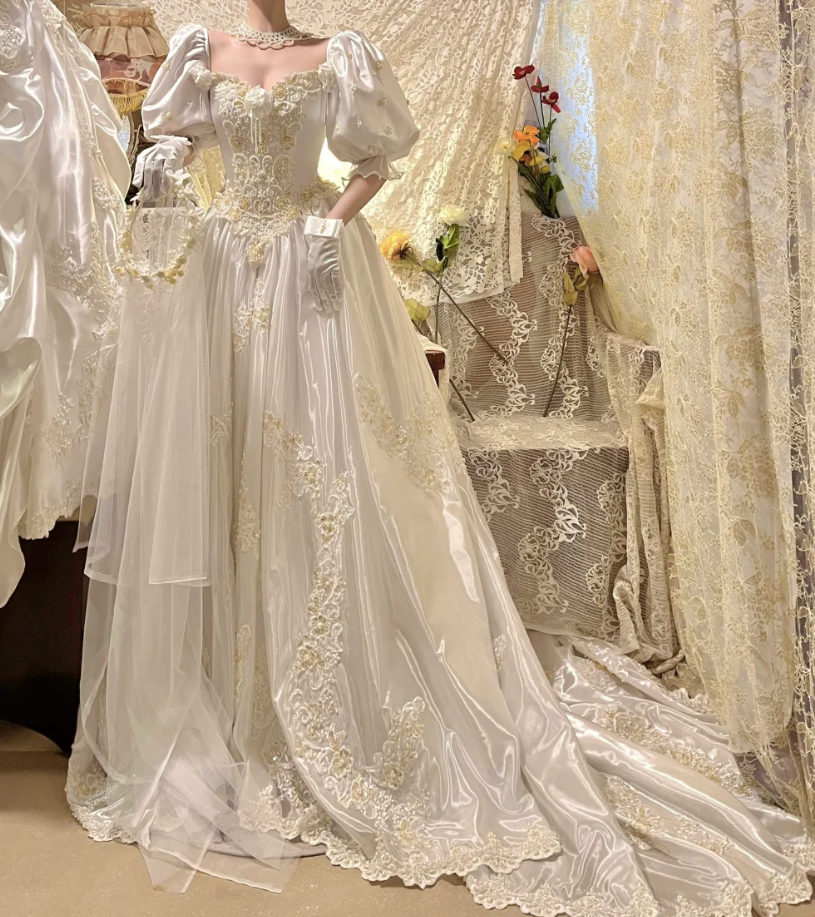 Charming Off The Shoulder White Satin Beaded Long Wedding Dress Bridal Gowns With Gloves