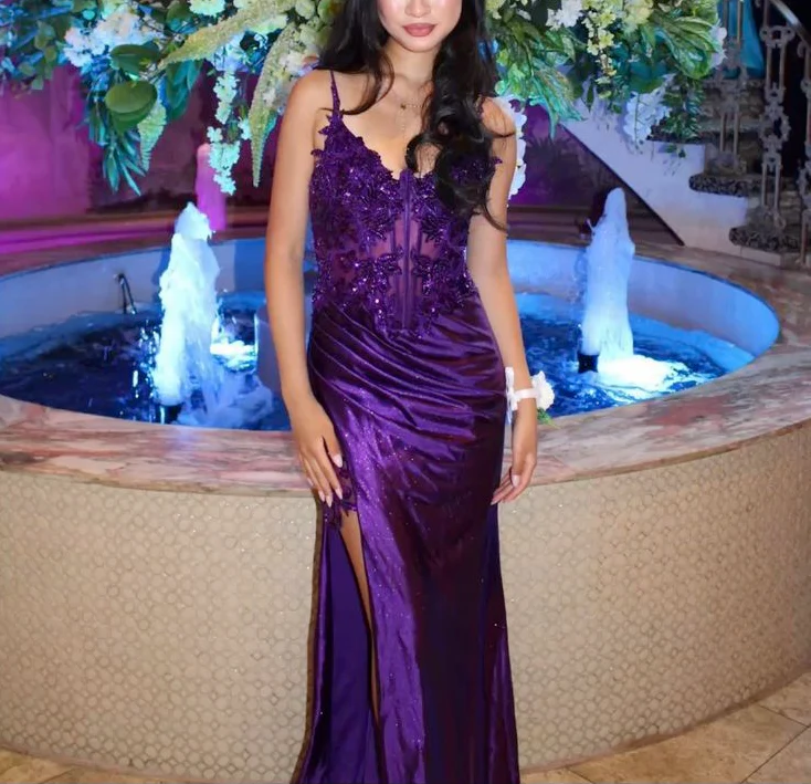 Purple Spaghetti Straps Mermaid Slit Evening Dress Prom Dress
