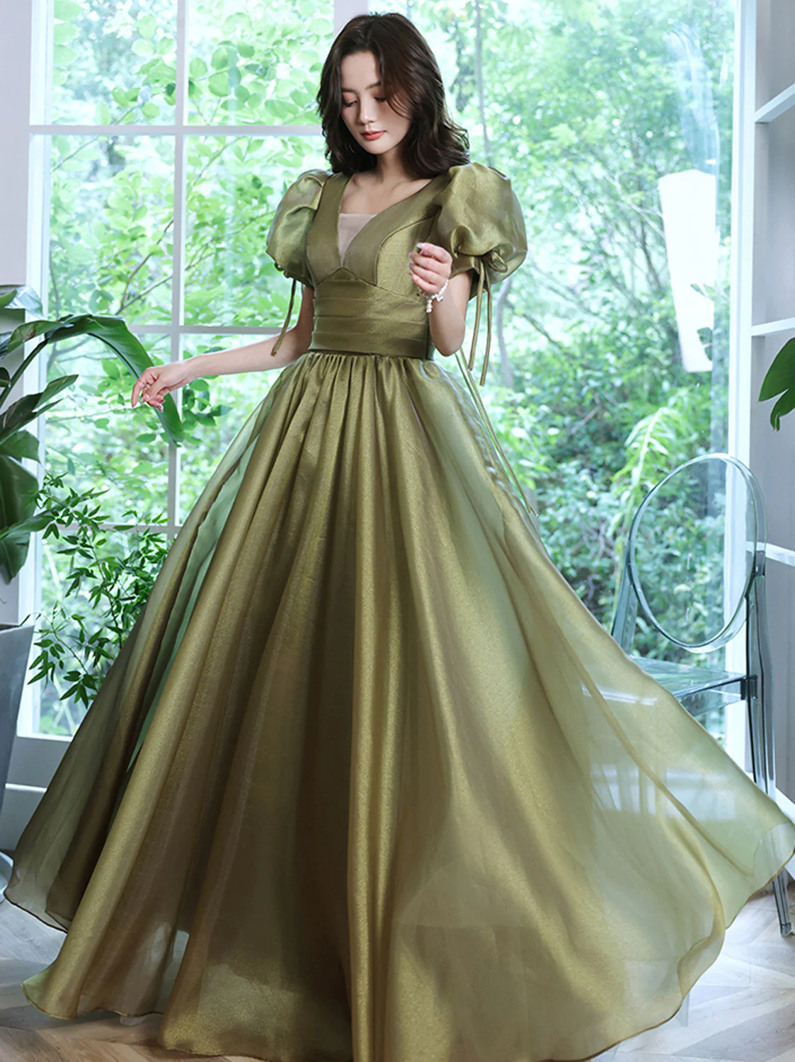 Simple Green V Neck Tulle Long Prom Dress, Green Evening Dresses Y1872 - VelvetHem