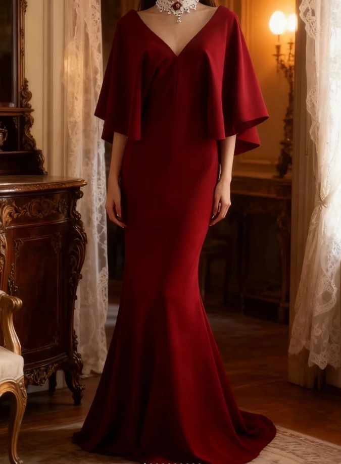 Vintage V-Neck Burgundy Satin Mermaid Evening Dress Backless Long Birthday Party Dress - View 5 | FashionDia