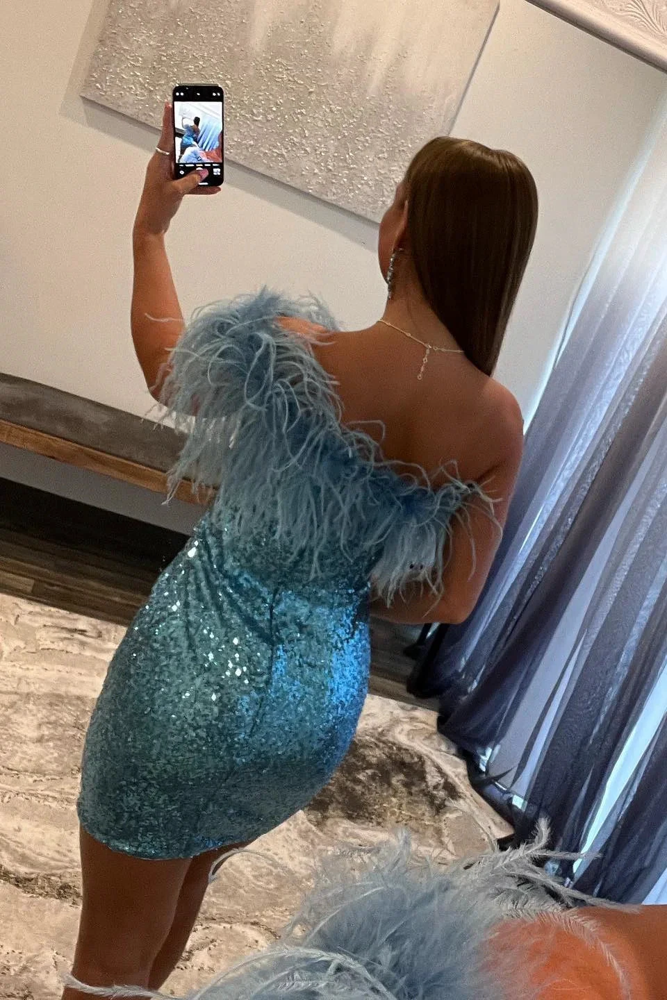 One Shoulder Blue Sequin Bodycon Homecoming Dress (ZD11900)