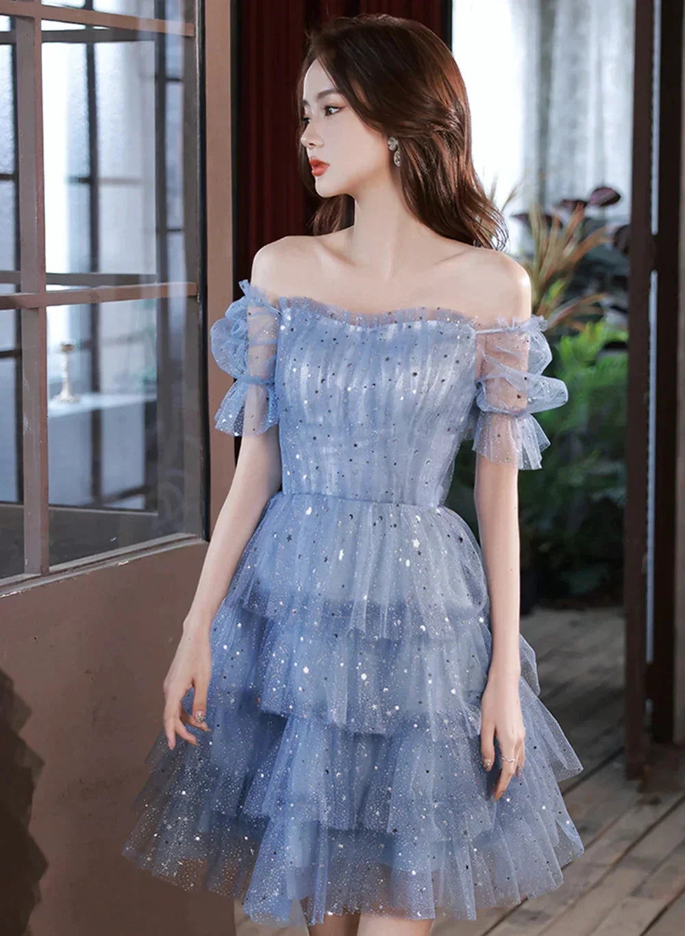 Blue Short Layers Tulle Formal Dress Blue Off Shoulder Homecoming Dress Party Dress (ZD12301)