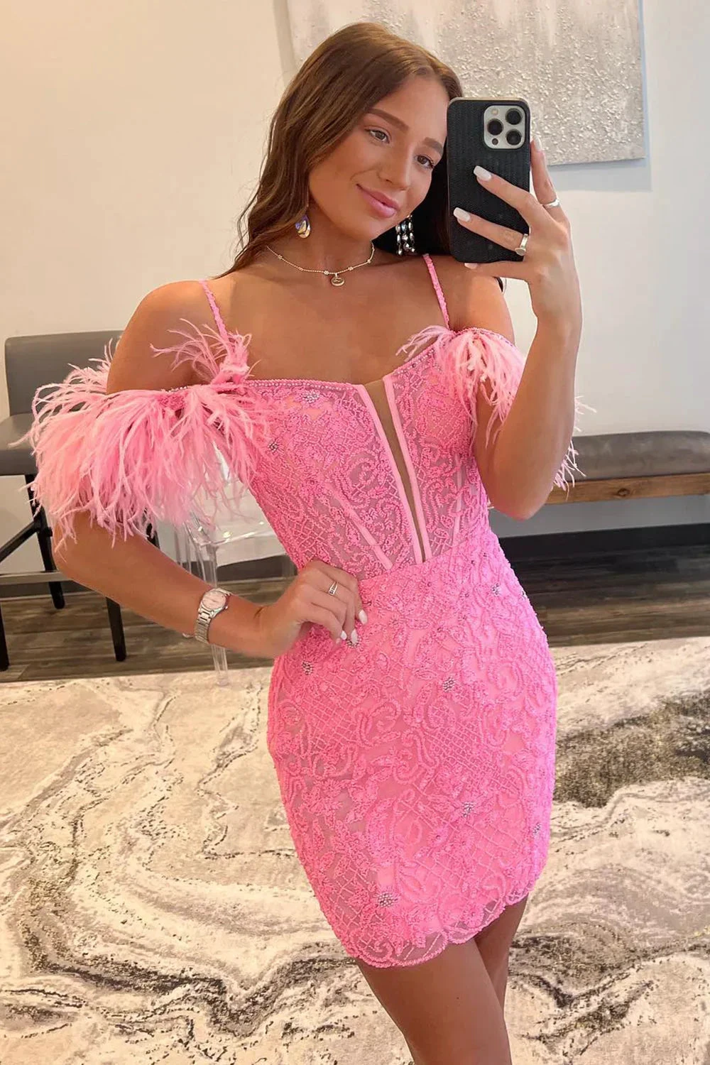 Charming Sheath Spaghetti Straps Pink Short Beaded Feather Homecoming Dresses Y2866 by simplepromdress