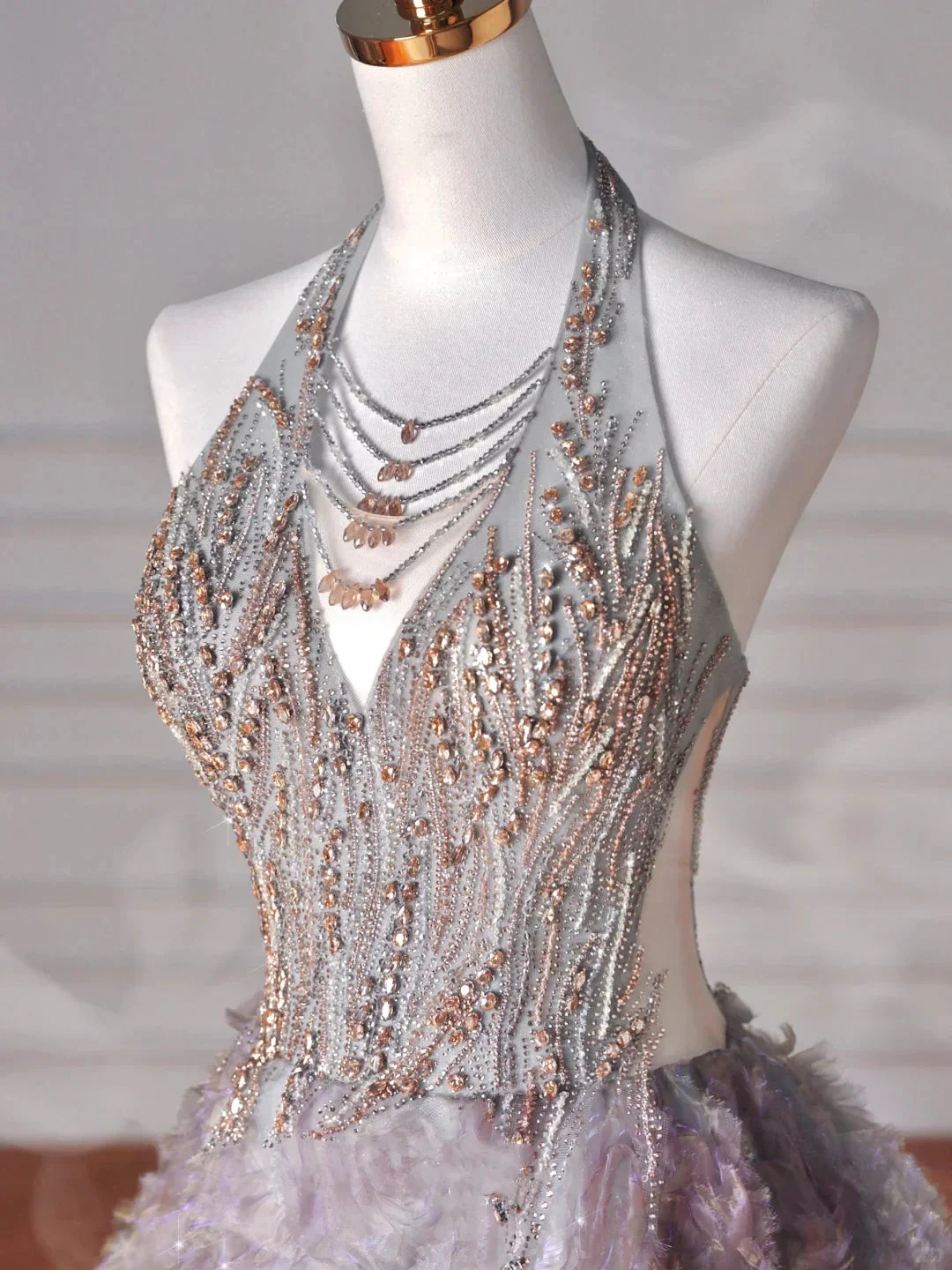 Glamorous Halter Purple Tulle Flowers Beaded Prom Dress,A Line Evening Dress Wedding Dress (ZD13759)