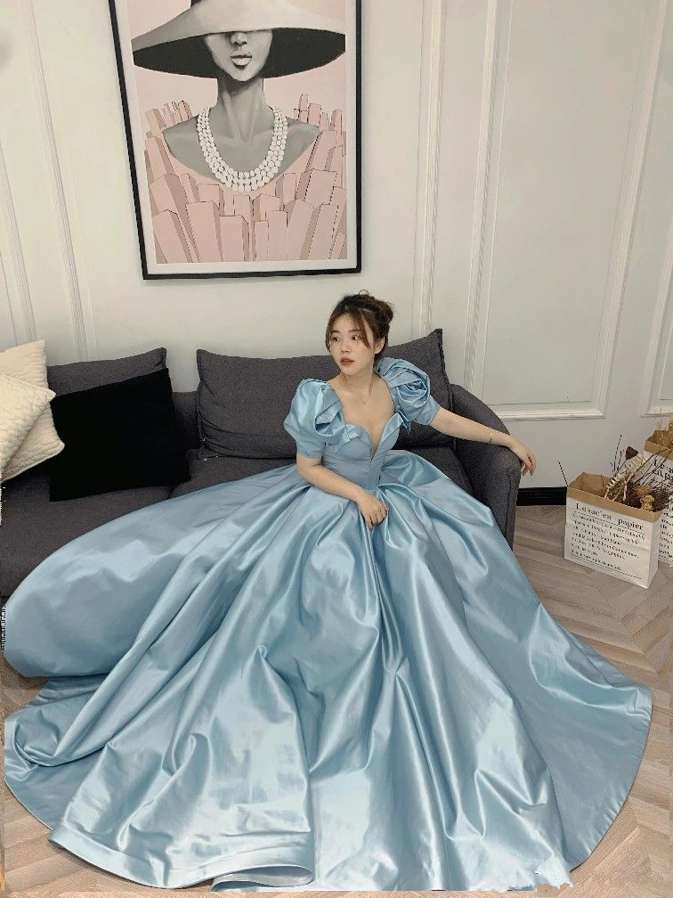 Satin Long Prom Dress A-Line Short Sleeve Evening Dress Y4657 - VelvetHem