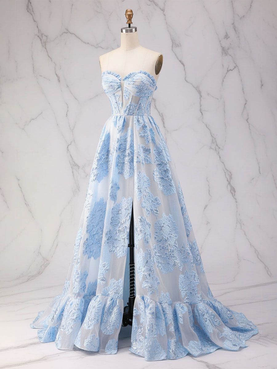 Blue Strapless Textured Corset A-Line Prom Dress