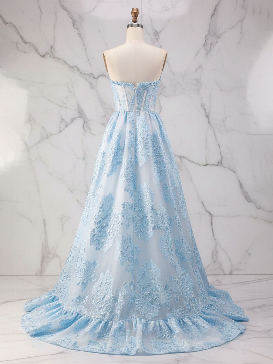 Blue Strapless Textured Corset A-Line Prom Dress