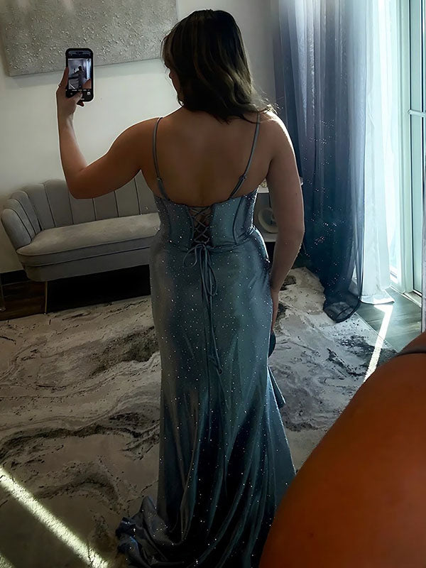 Icy Blue Cowl Neck Sequin Corset Prom Dress with Ruffled Slit - View 2 | FashionDia
