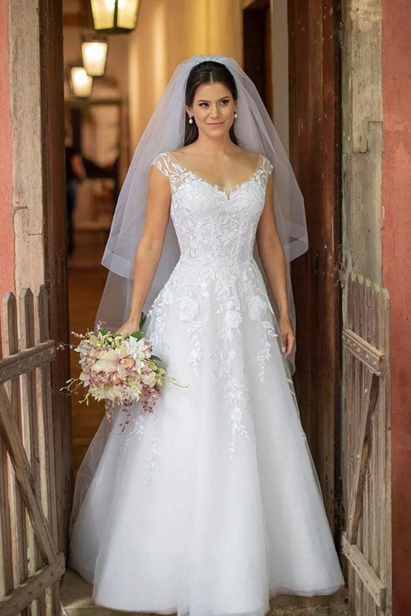 Illustion Scoop Neck White Floral Lace Wedding Dress Floor Length (ZD16193)