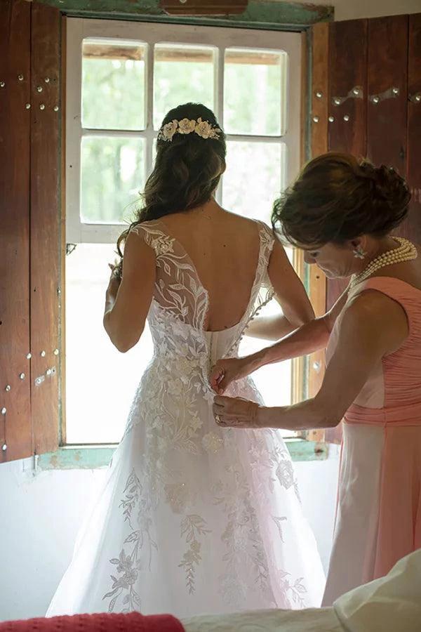 Illustion Scoop Neck White Floral Lace Wedding Dress Floor Length (ZD16193)