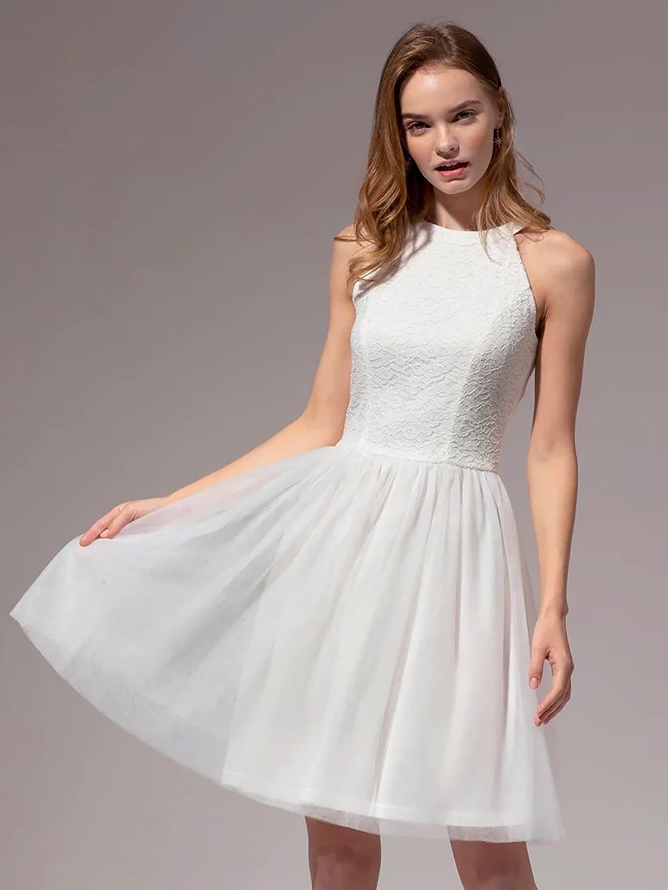 White Halter Lace A Line Short Graduation Party Dress - Fashionpara