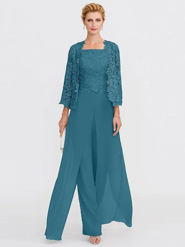 3 Piece Chiffon Square Neck Mother of the Bride Pantsuits with Jacket