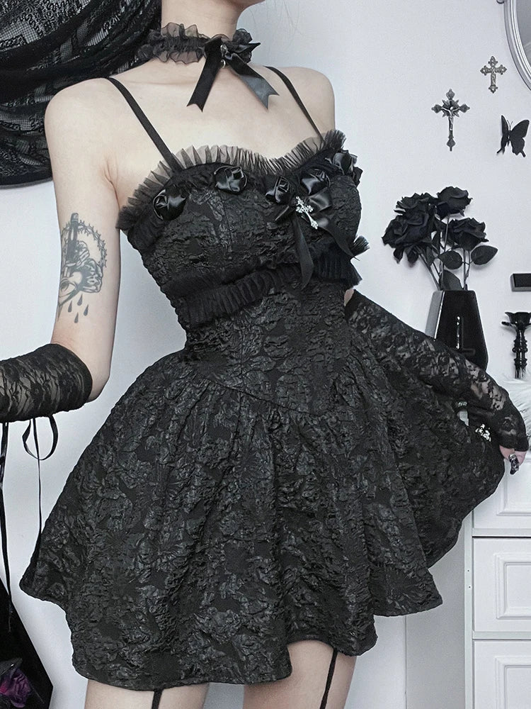 Corset ALine Mini Black Rose Print Lace Patchwork Shirring Backless Slip Nightclub Dress
