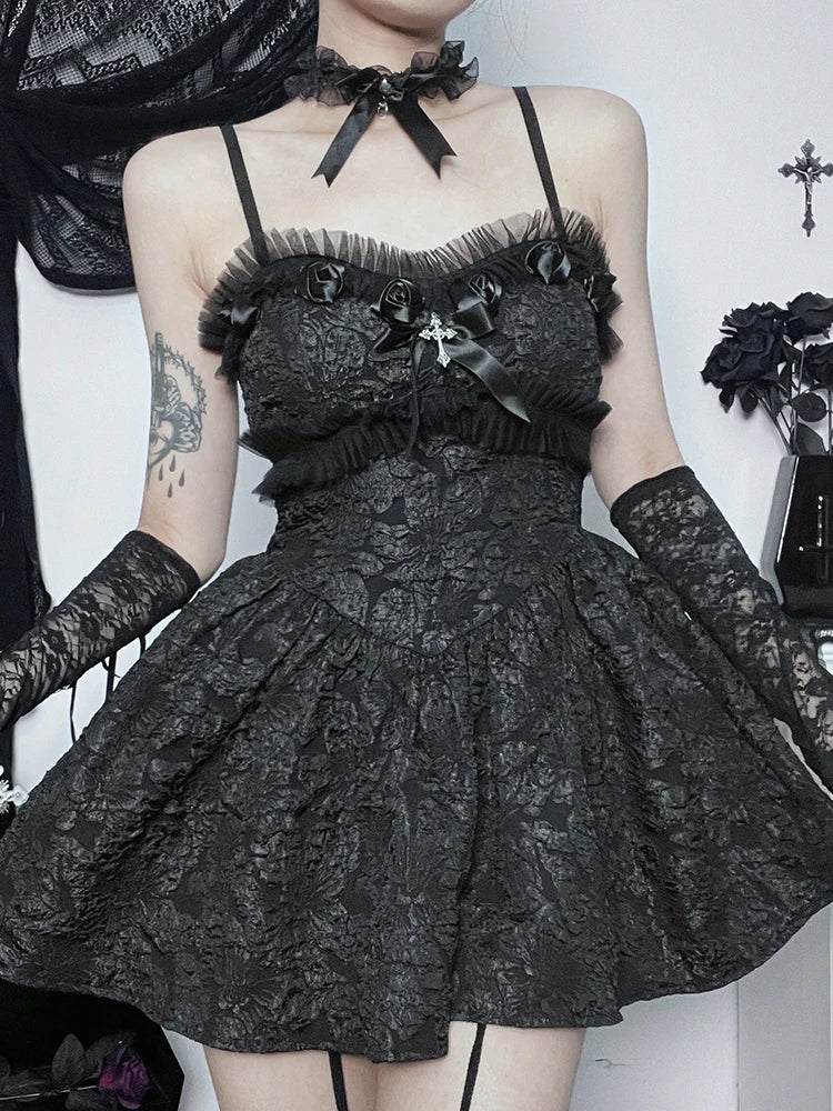 Corset ALine Mini Black Rose Print Lace Patchwork Shirring Backless Slip Nightclub Dress