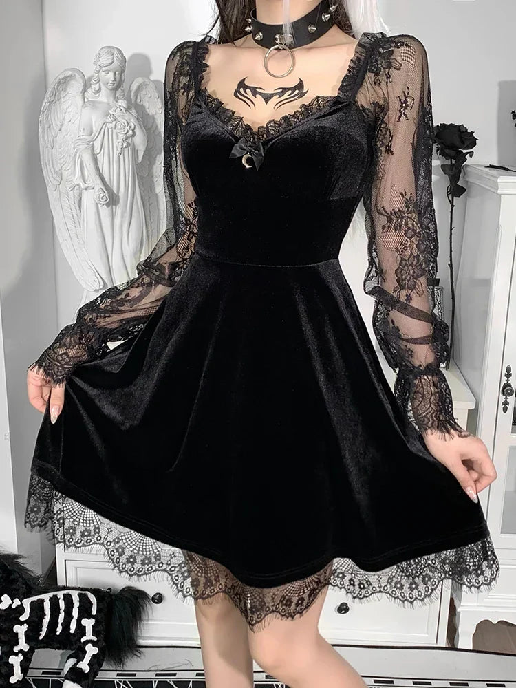 Moon  Black Grunge Dark V Neck Aesthetic Vintage Mini Long Sleeve Autumn Dress