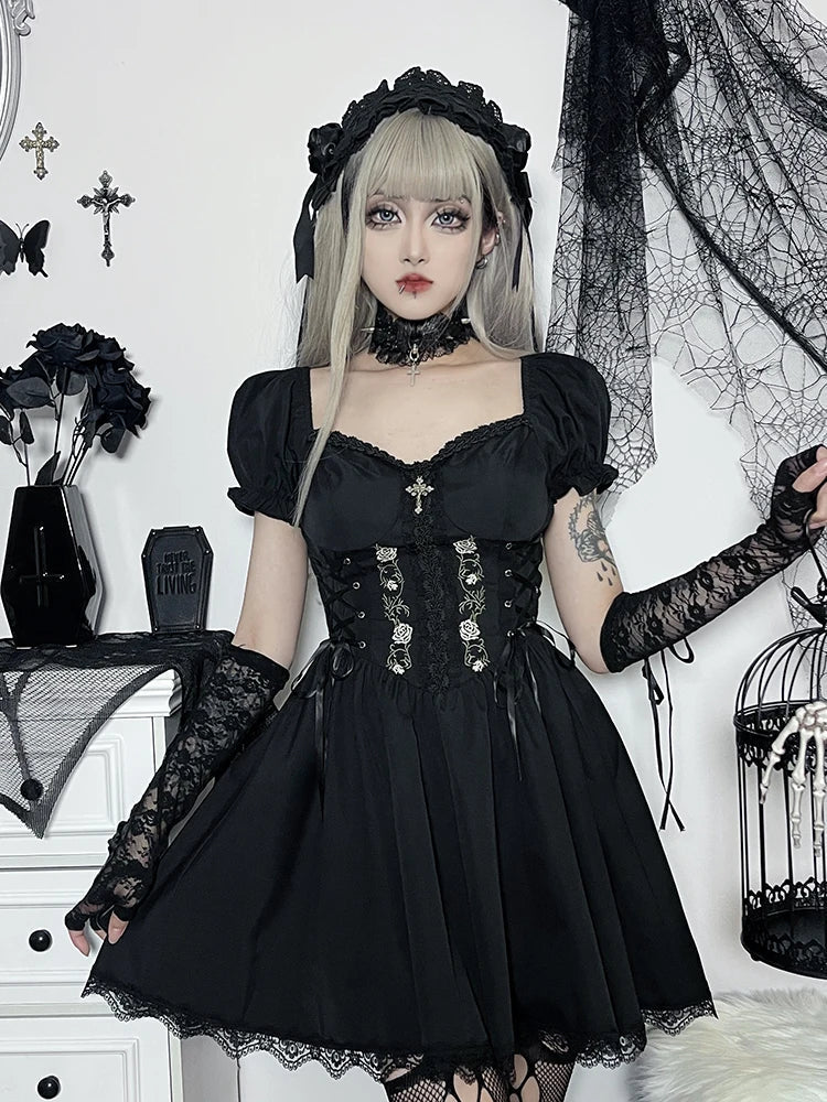 A-Line Pleated Hem Swing Harajuku Summer Lolita Lace Trim Y2K Retro Grunge Streetwear Dress - View 7 | VelvetHem