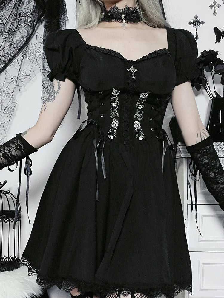 A-Line Pleated Hem Swing Harajuku Summer Lolita Lace Trim Y2K Retro Grunge Streetwear Dress - View 5 | VelvetHem