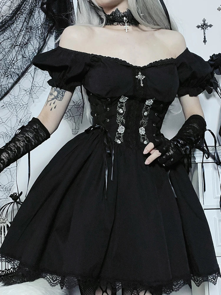 A-Line Pleated Hem Swing Harajuku Summer Lolita Lace Trim Y2K Retro Grunge Streetwear Dress - View 3 | VelvetHem