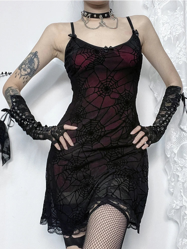 Gothic Lace Stretch Spaghetti Strap Spider Web Print Contrast Lace Cami Grunge Dress - View 3 | VelvetHem