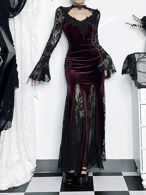Gothic Long Sleeve Lace Ruched Fishtail Bodycon Mermaid Cocktail Maxi Dress - View 7 | VelvetHem