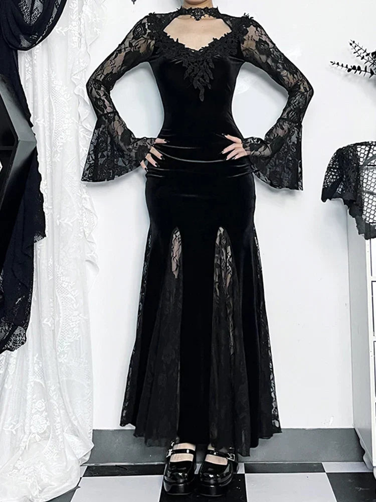 Gothic Long Sleeve Lace Ruched Fishtail Bodycon Mermaid Cocktail Maxi Dress - View 5 | VelvetHem