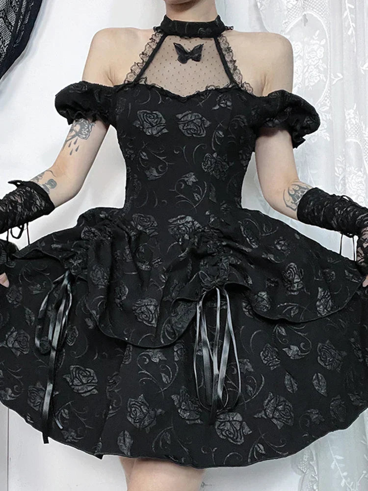 Sleeveless Halter Neck Bow Vintage Backless Cold Shoulder Print Lace Up A-Line Swing Dress - View 2 | VelvetHem