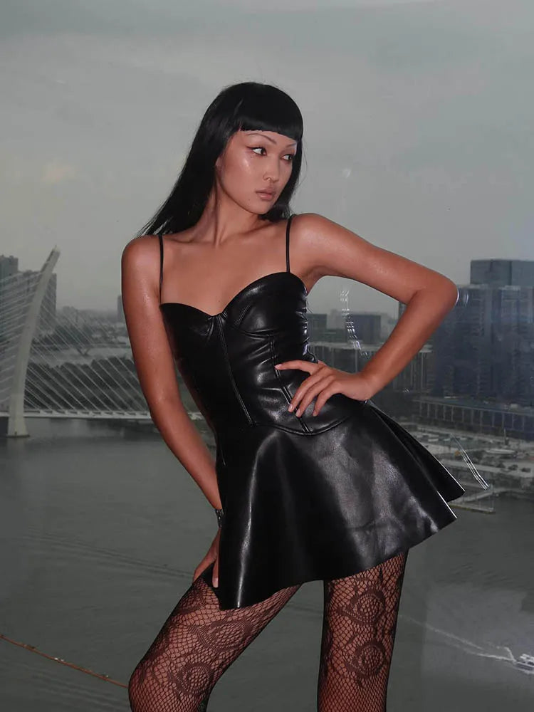Spaghetti Strap Sweetheart Neckline ALine Faux Leather Mini Backless PU Dress