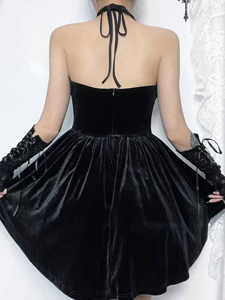 Gothic Velvet Criss Cross Halter Vintage Draped Lace Backless A Line Dress