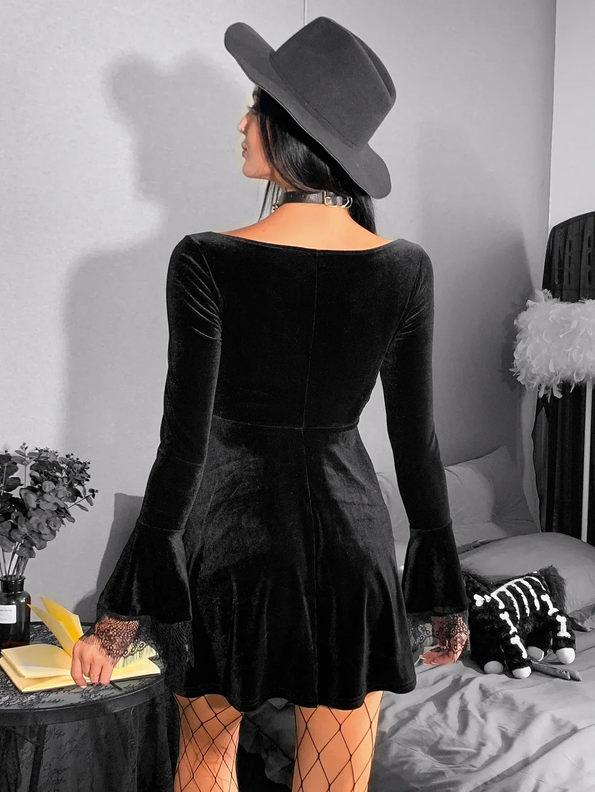 Y2K Harajuku High Waist A-Line Mini Punk Grunge Vintage Flare Sleeve Velvet Lolita Dress - View 6 | VelvetHem