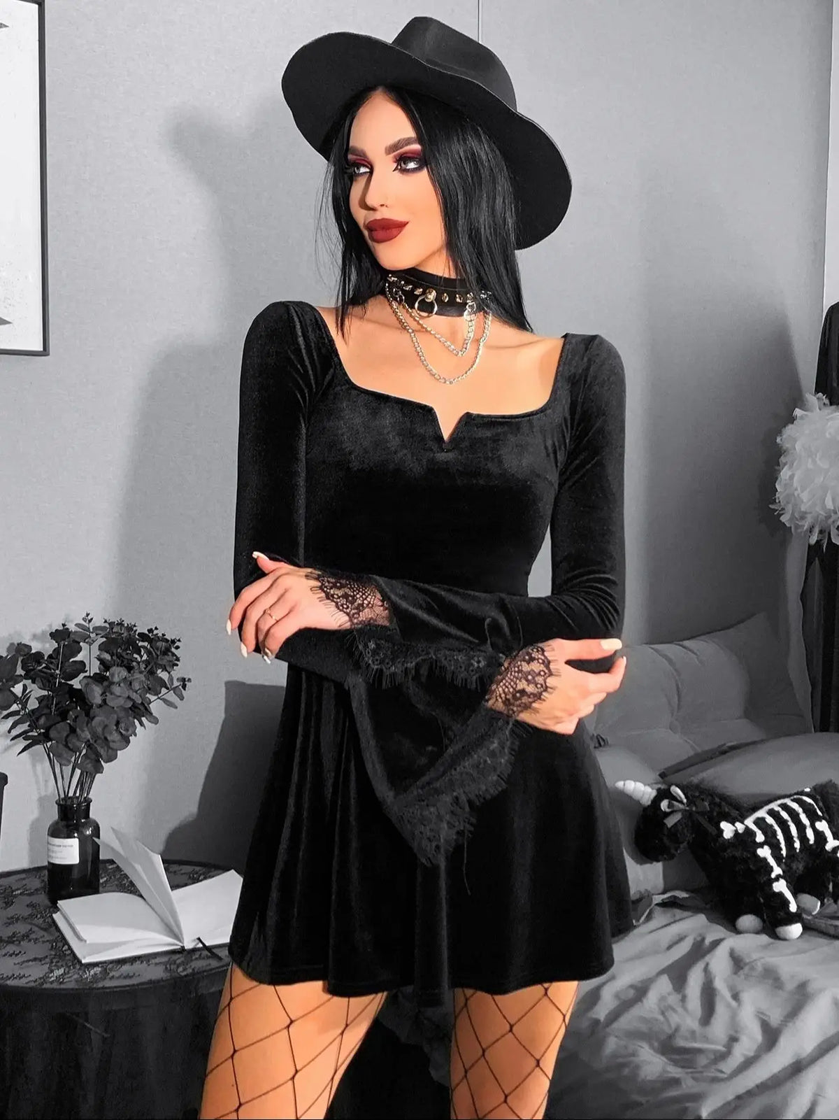 Y2K Harajuku High Waist A-Line Mini Punk Grunge Vintage Flare Sleeve Velvet Lolita Dress - View 7 | VelvetHem