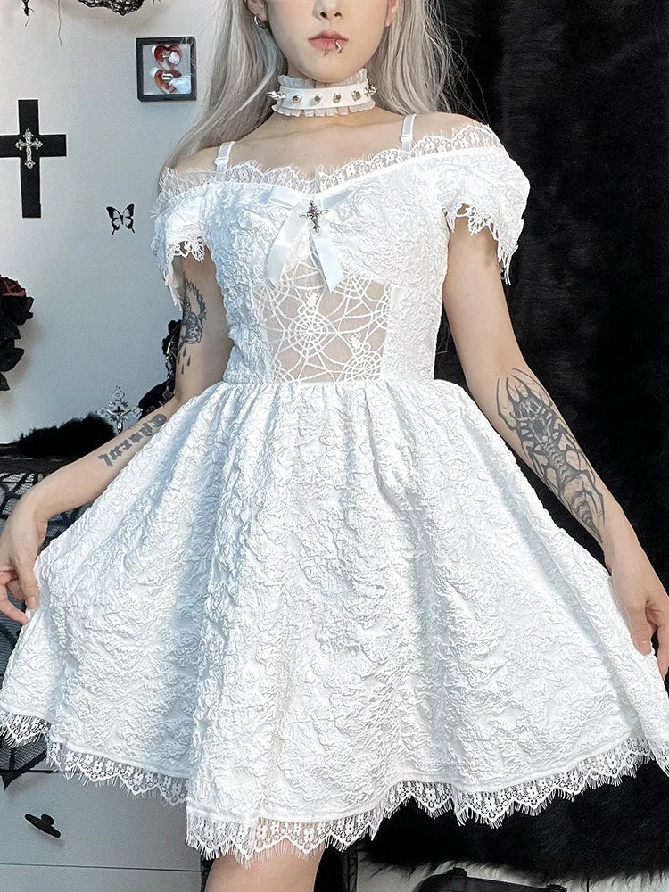 Mini Party Aesthetic One Shoulder Strap Lace Cutouts Elegant A-Line High Waist Prom Y2K Grunge Clubwear Dress - View 9 | VelvetHem