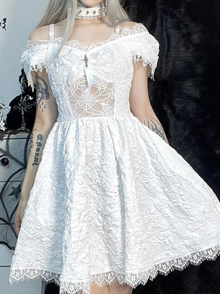 Mini Party Aesthetic One Shoulder Strap Lace Cutouts Elegant A-Line High Waist Prom Y2K Grunge Clubwear Dress - View 3 | VelvetHem