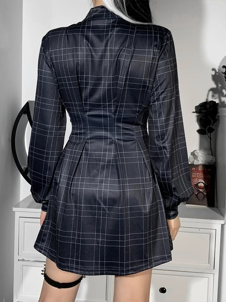 Gothic Plaid Winter Long Sleeve Turtleneck A Line Pleated Corset Dress