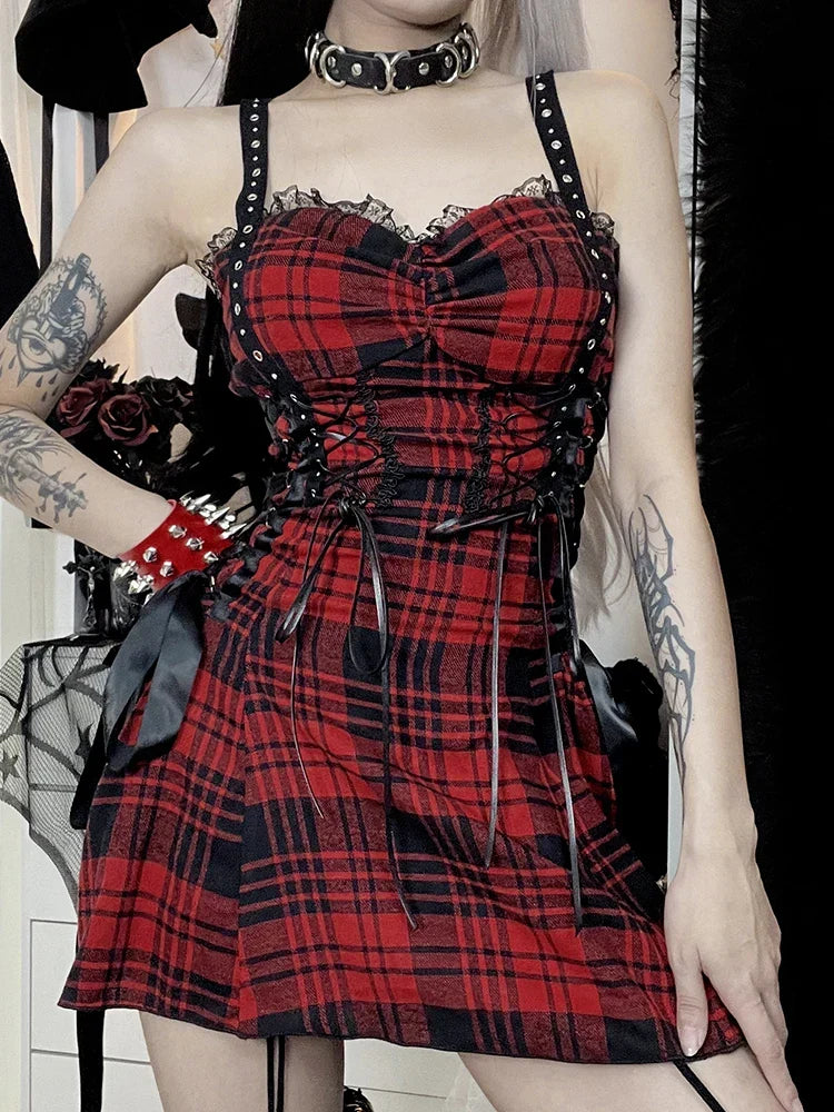 Red Plaid Street Goth Fairy Grunge Y2K Pleated Lace-Up Tube Lolita Eyelet Corset Mini Dress - View 2 | VelvetHem