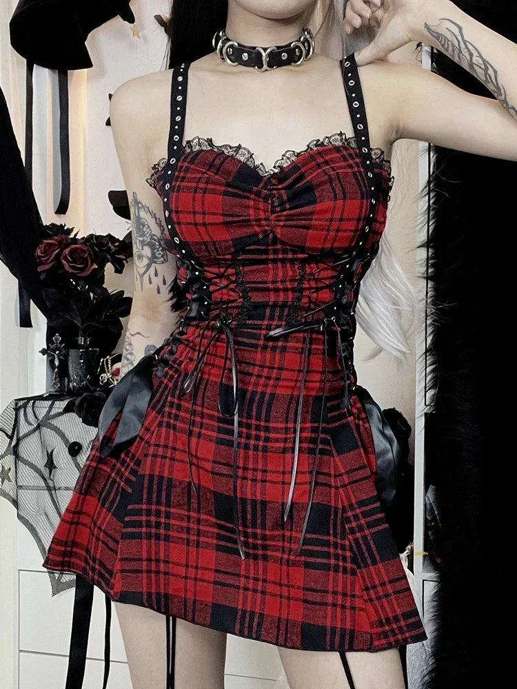 Red Plaid Street Goth Fairy Grunge Y2K Pleated Lace-Up Tube Lolita Eyelet Corset Mini Dress - View 3 | VelvetHem