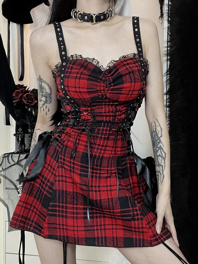 Red Plaid Street Goth Fairy Grunge Y2K Pleated Lace-Up Tube Lolita Eyelet Corset Mini Dress - View 7 | VelvetHem