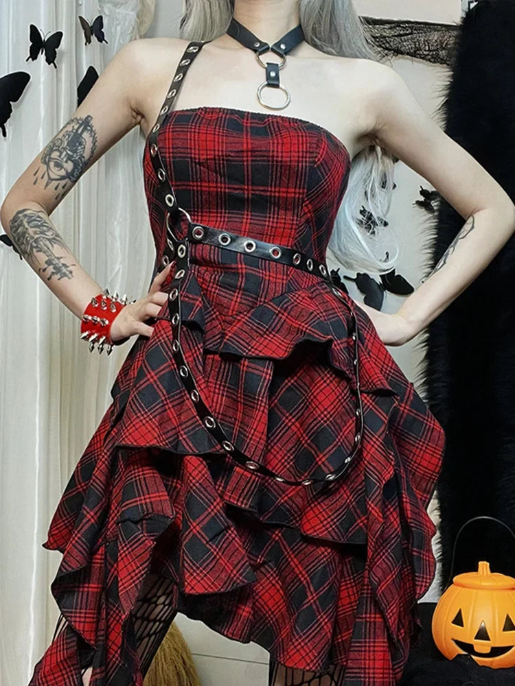 Red Plaid One Shoulder Irregular Strapless Backless Vintage Lolita Academy Dress - View 2 | VelvetHem