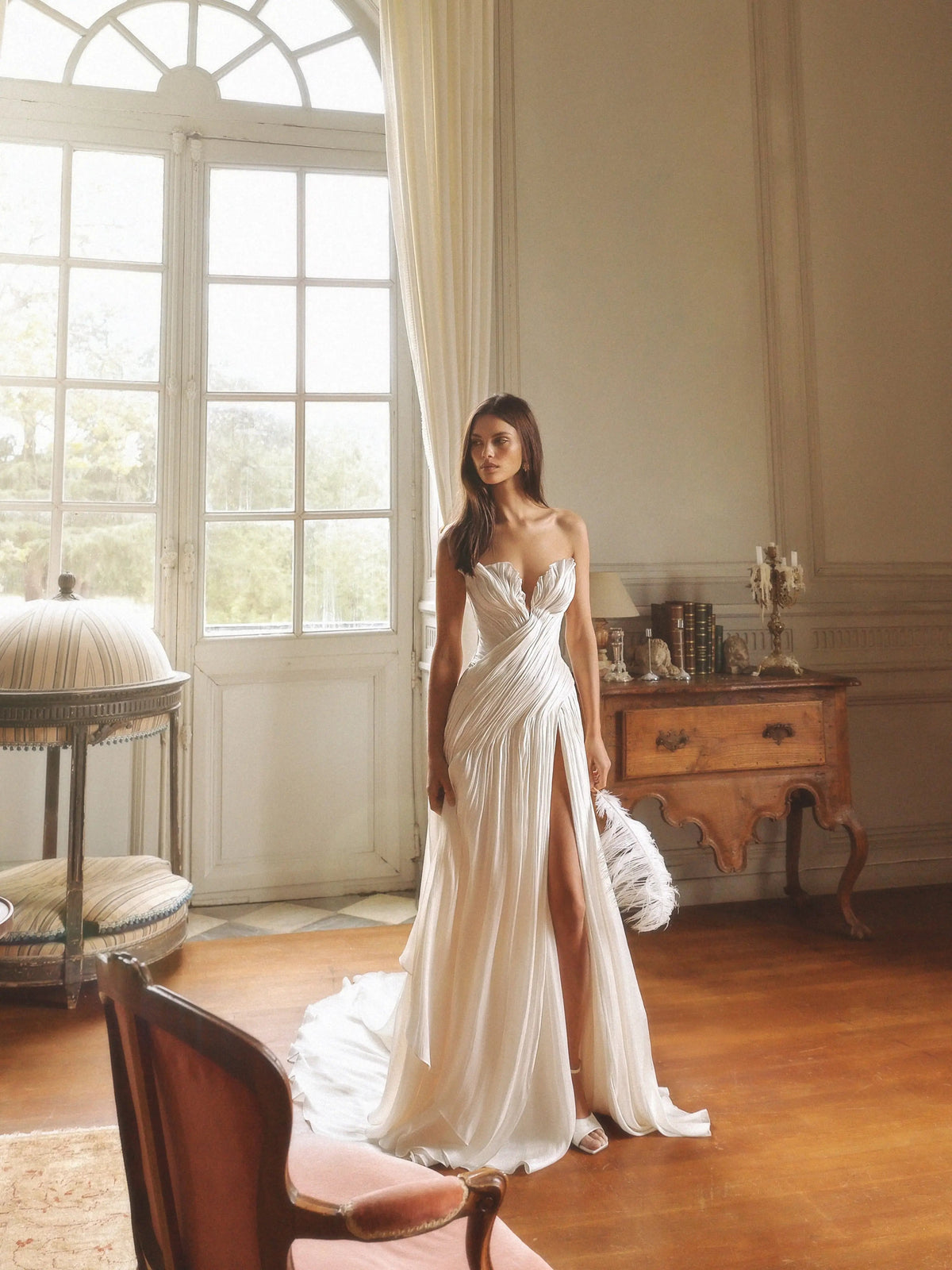 Strapless Ruched Wedding Dresses with High Leg Slit ZP023