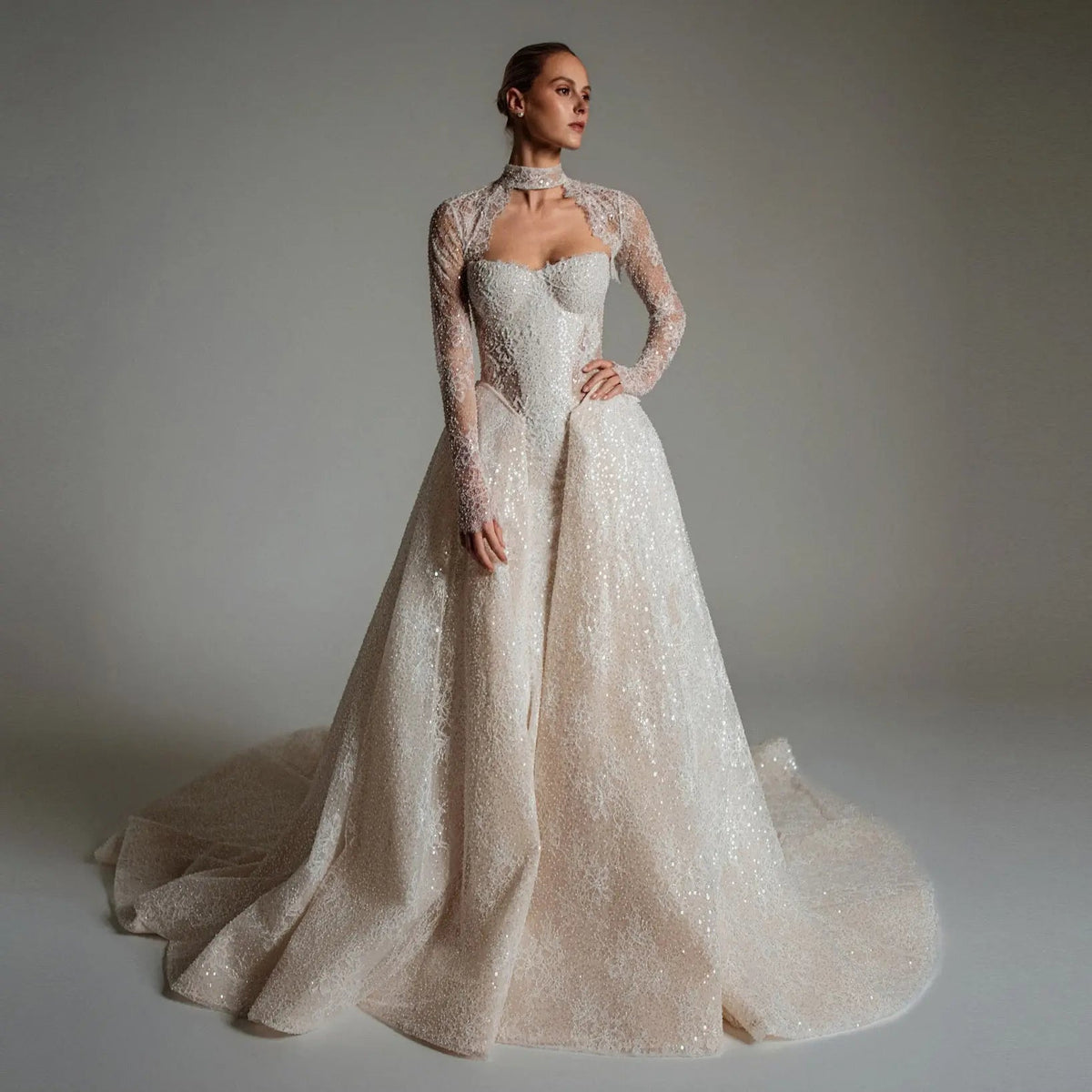 Luxury Ivory Beaded Long Sleeve Train Wedding Dress with Overskirt ZP138