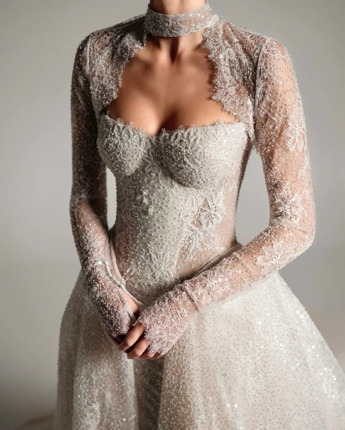 Luxury Ivory Beaded Long Sleeve Train Wedding Dress with Overskirt ZP138