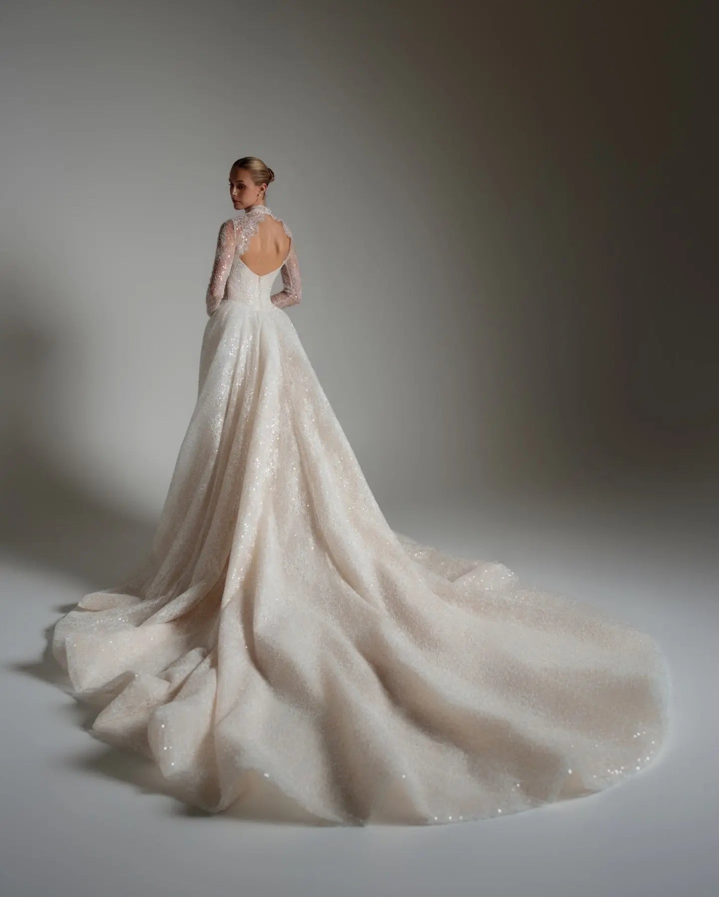 Luxury Ivory Beaded Long Sleeve Train Wedding Dress with Overskirt ZP138